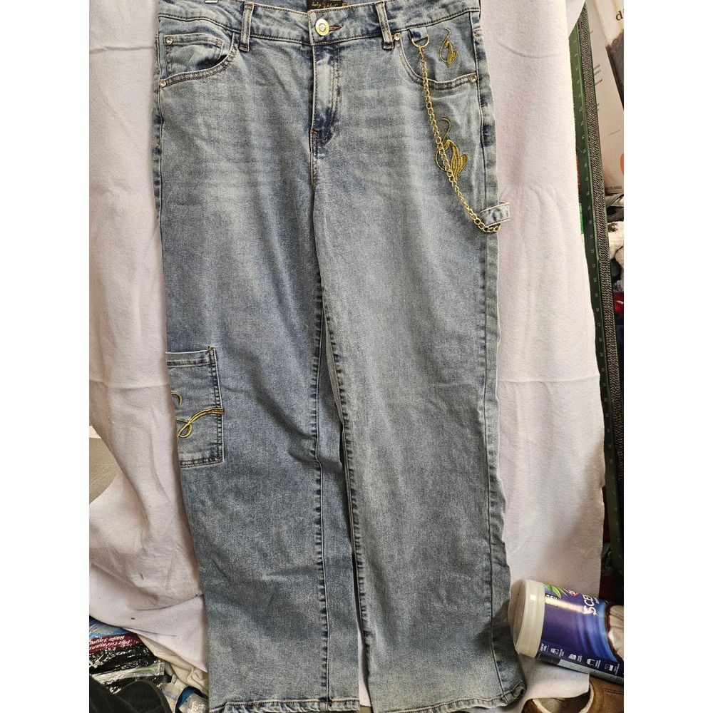 Baby Phat Y2K Wide Leg Cargo Jeans Light Wash Gold Embroidery Chain Women 11